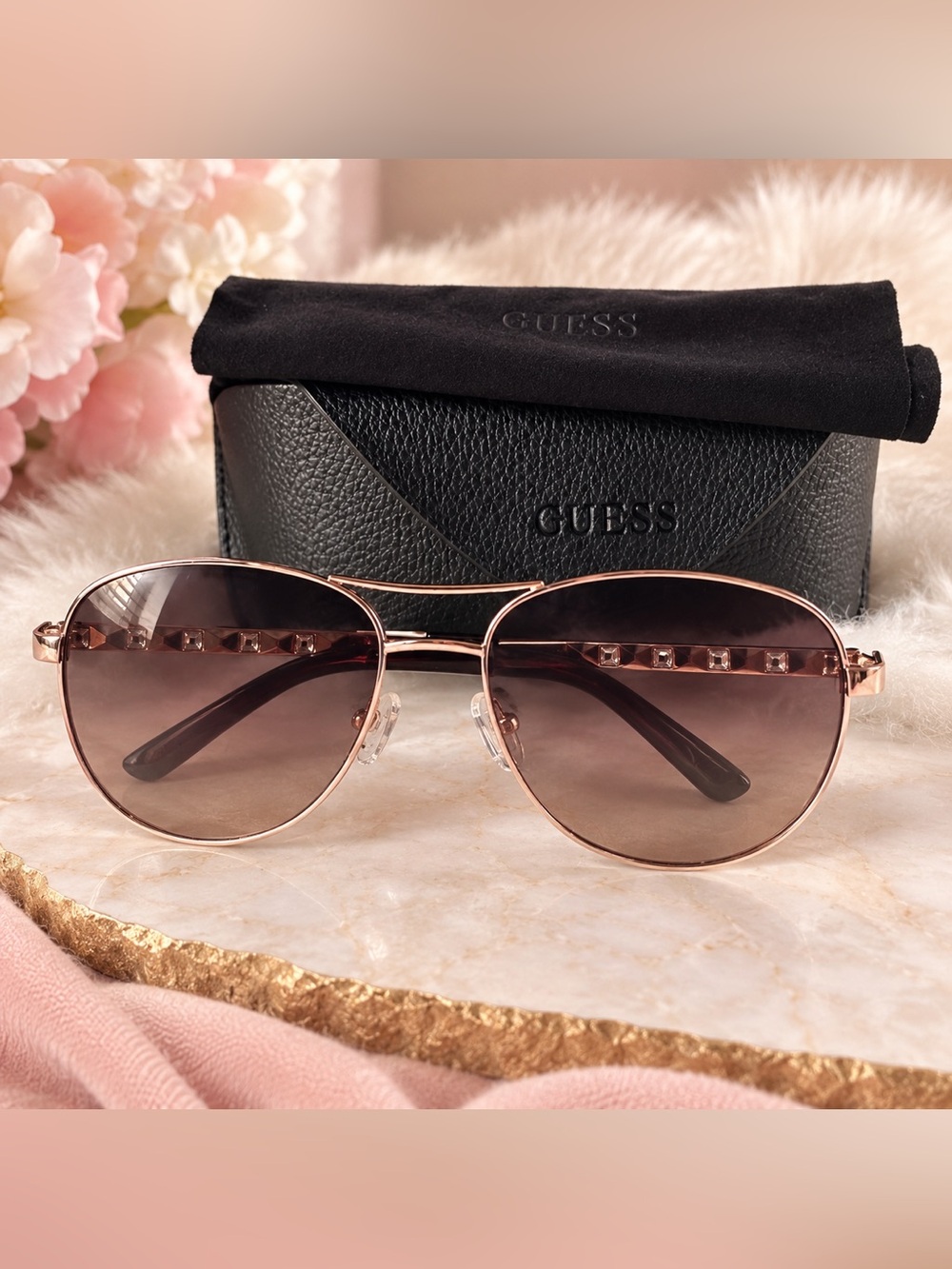 Guess GF0408 Aviator Sunglasses Rose Gold Crystal Gradient Lens Case